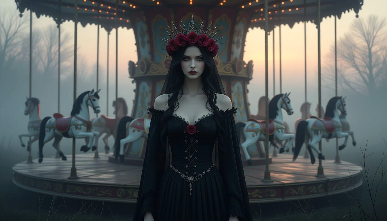 Ethereal Woman on Decaying Carousel in Dark Fantasy Style