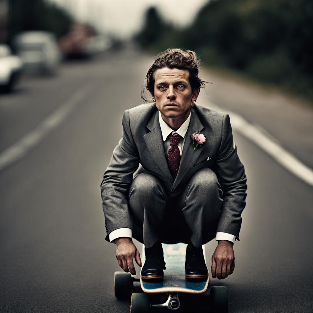 Energetic Woman in Suit on Skateboard, Portrait