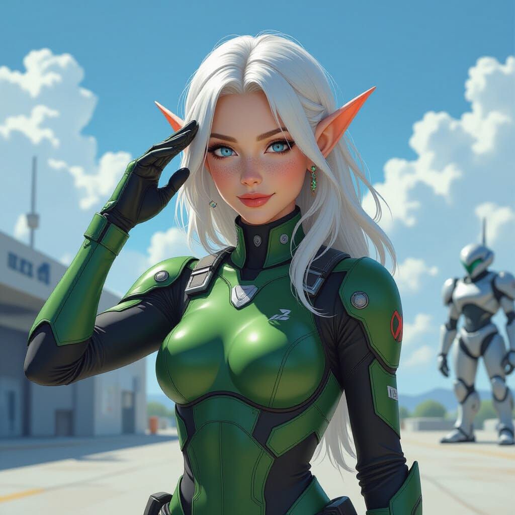 Elven Sci-Fi Soldier Salutes Near Mech, Bold Oil Painting