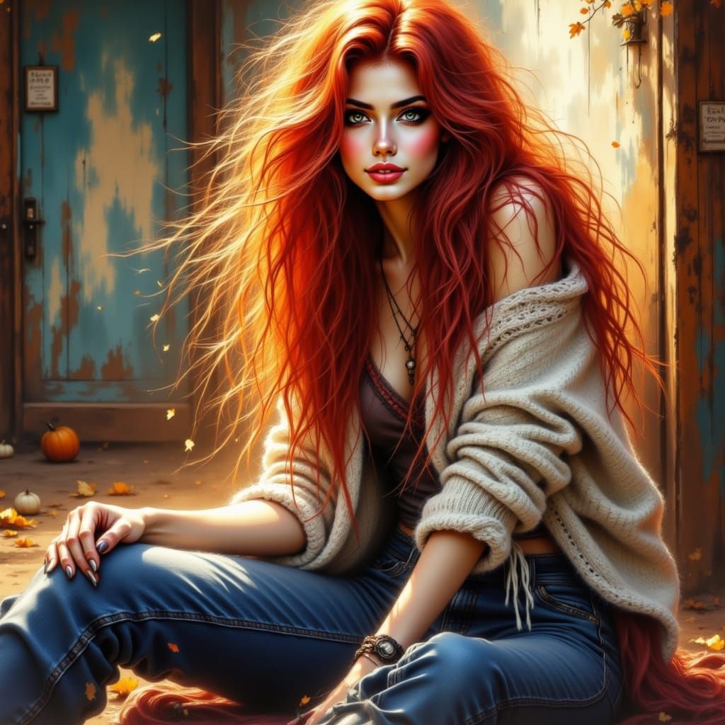 Enchanted Woman with Cascading Red Hair in Cozy Outfit