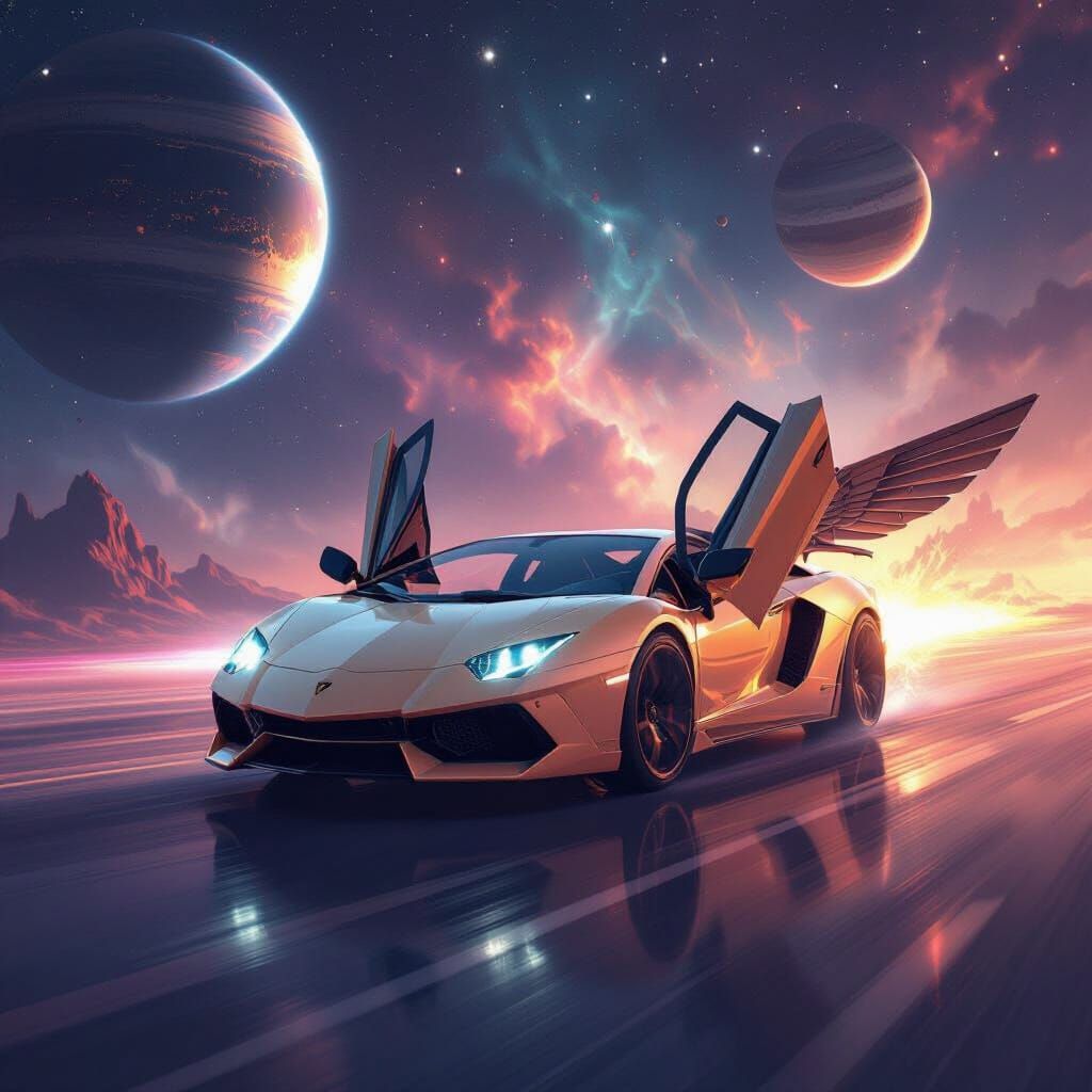 Winged Lamborghini Soars Through Cosmic Frame Planets