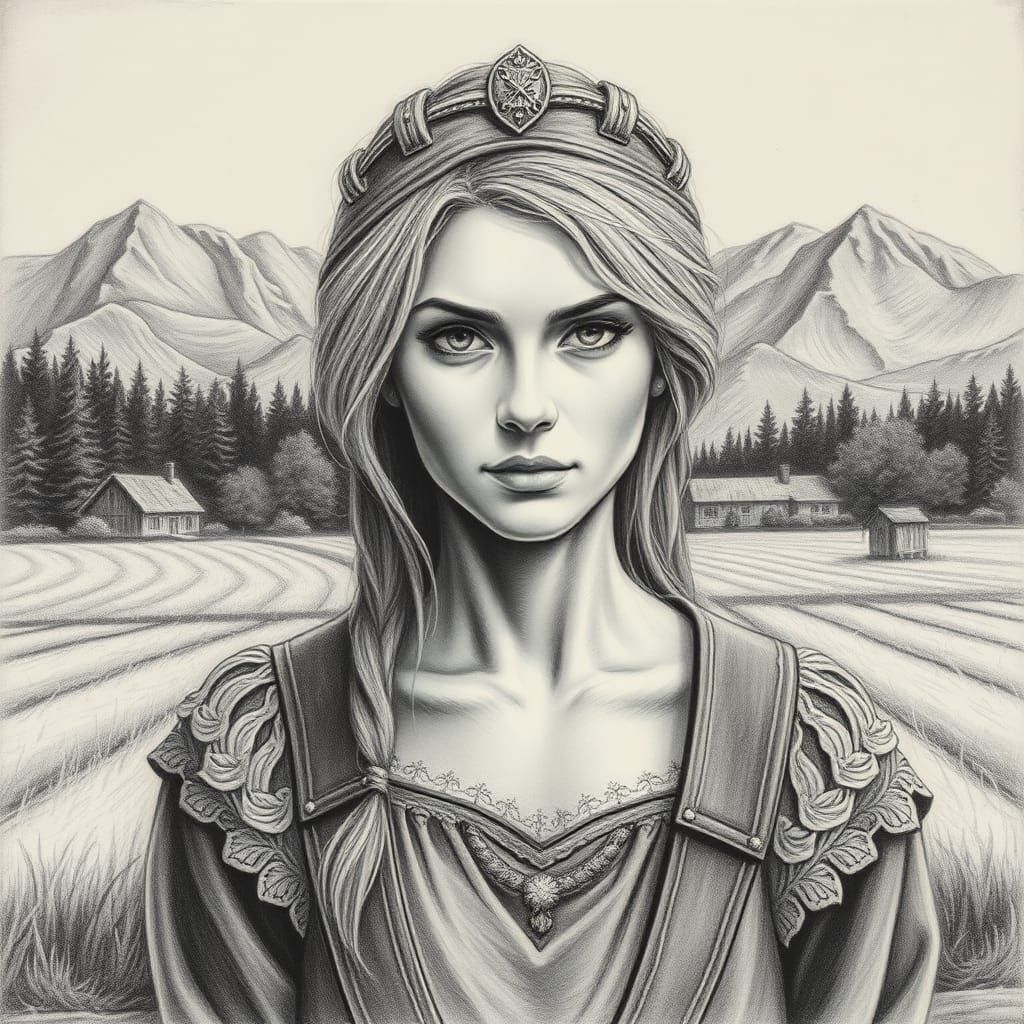 Fantasy Peasant Woman in Medieval Village: Charcoal Drawing