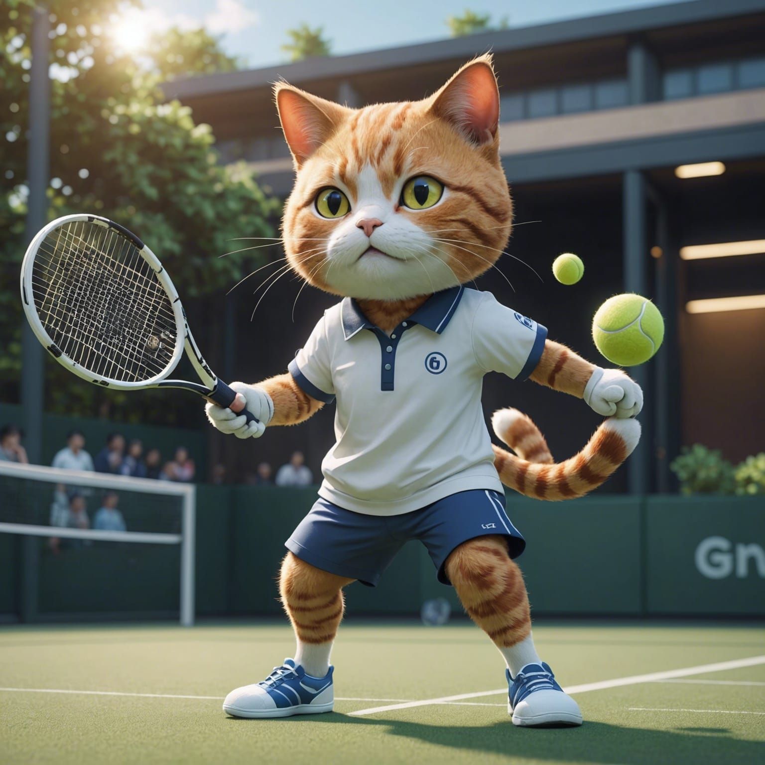 Anthropomorphic Cat Plays Tennis in 3D Anime Art