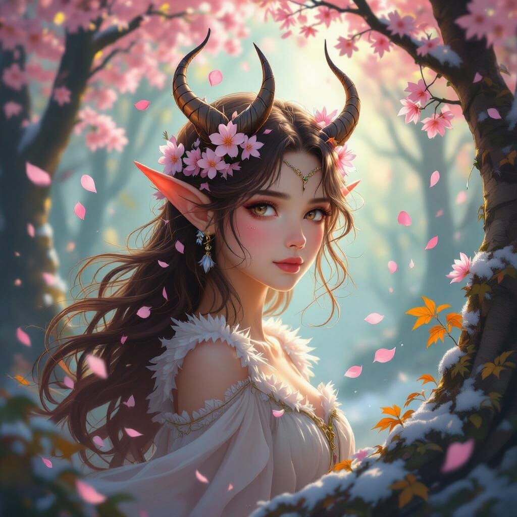 Magical Forest Elf Girl With Cherry Blossom Horns