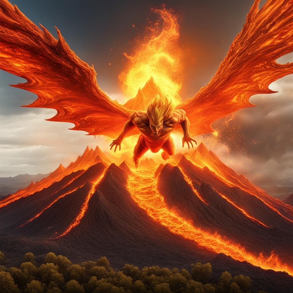 Fiery Superhero Soars Above Volcanic Landscape