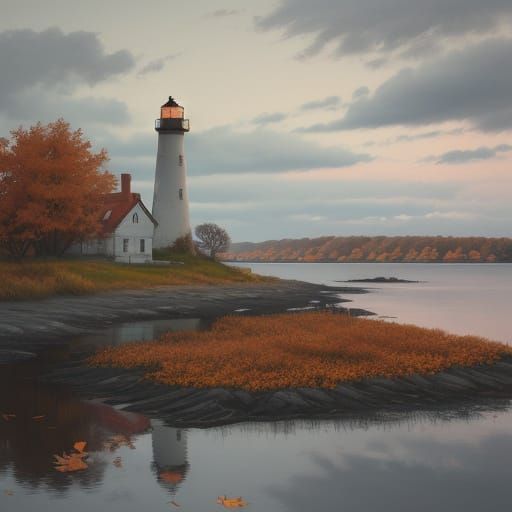 Oil Painting of a Weathered Lighthouse in Golden Hour Autumn...
