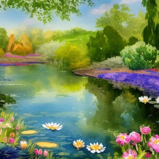 Wildflower Pond: An Impressionist Gouache Masterpiece