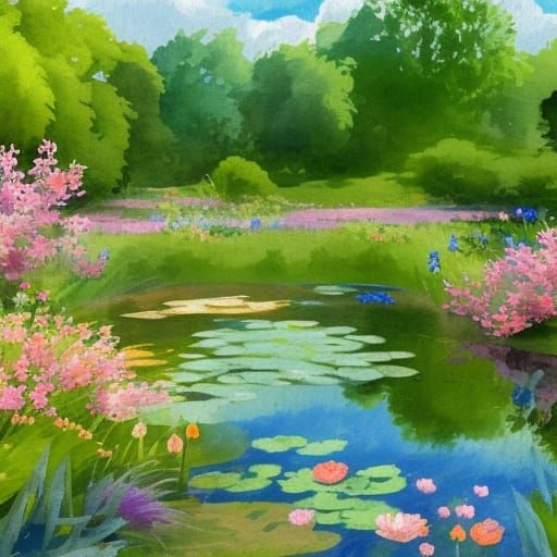 Wildflower Pond in Gouache Impressionist Style