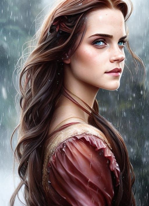 Princess Belle Headshot in Rain, Detailed Comic Art