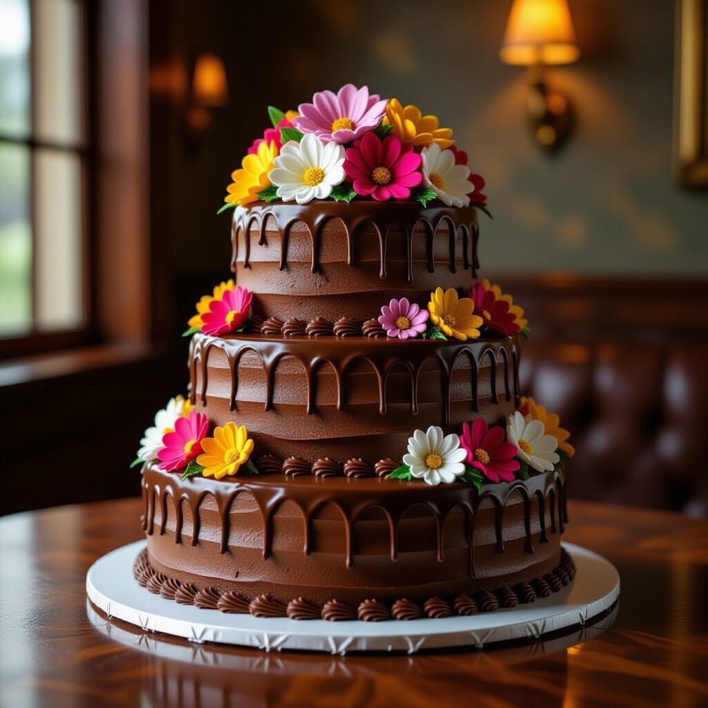 Melting Chocolate Cake with Sugar Flowers in Surreal Style