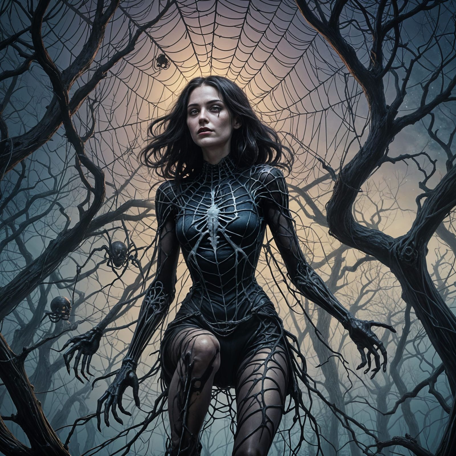 Eight-Legged Woman Climbs Web in Graveyard