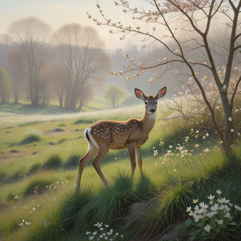 Hyperrealistic Fawn in Pastel Impressionist Meadow