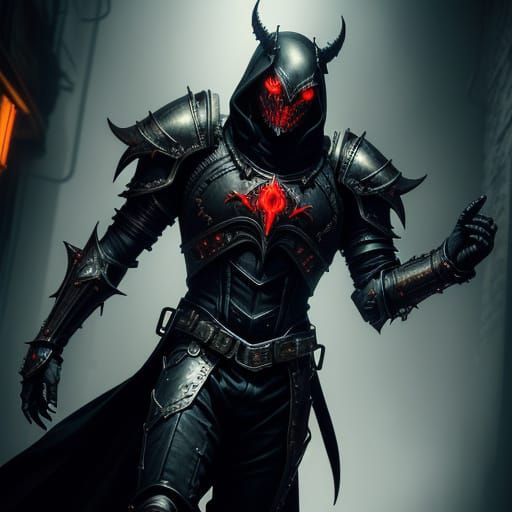 Cybergothic Deathknight Warrior in Dark, Foggy Alleyway