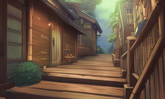 Impossible Staircase in Studio Ghibli Anime Style