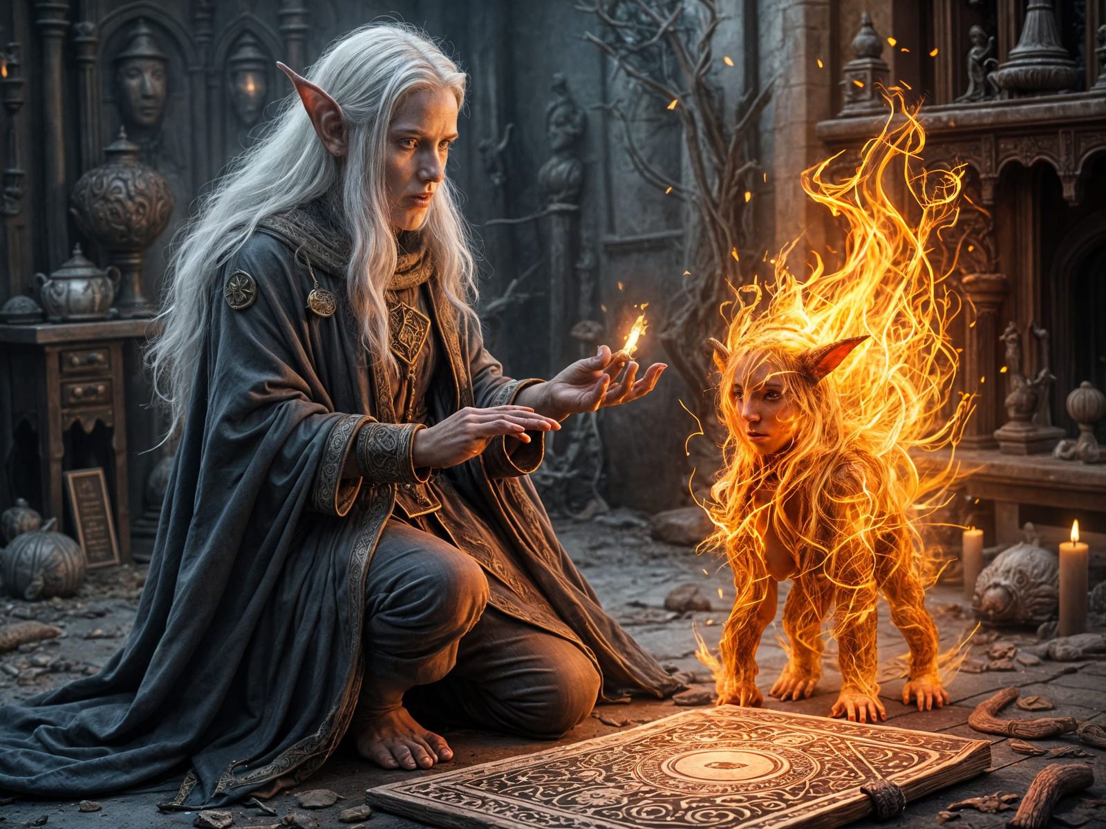 Dark Elf Sorceress Summons Fire Elemental