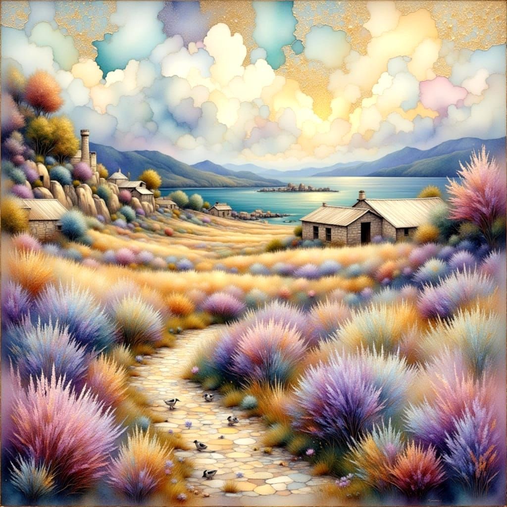 Ethereal Landscape with Lavender Fields and Stone Cottages