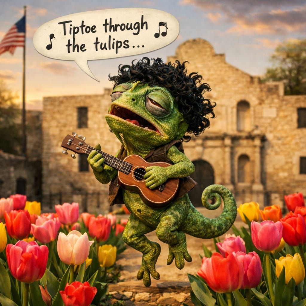 Chameleon Singing Tiptoe Through Tulips at the Alamo