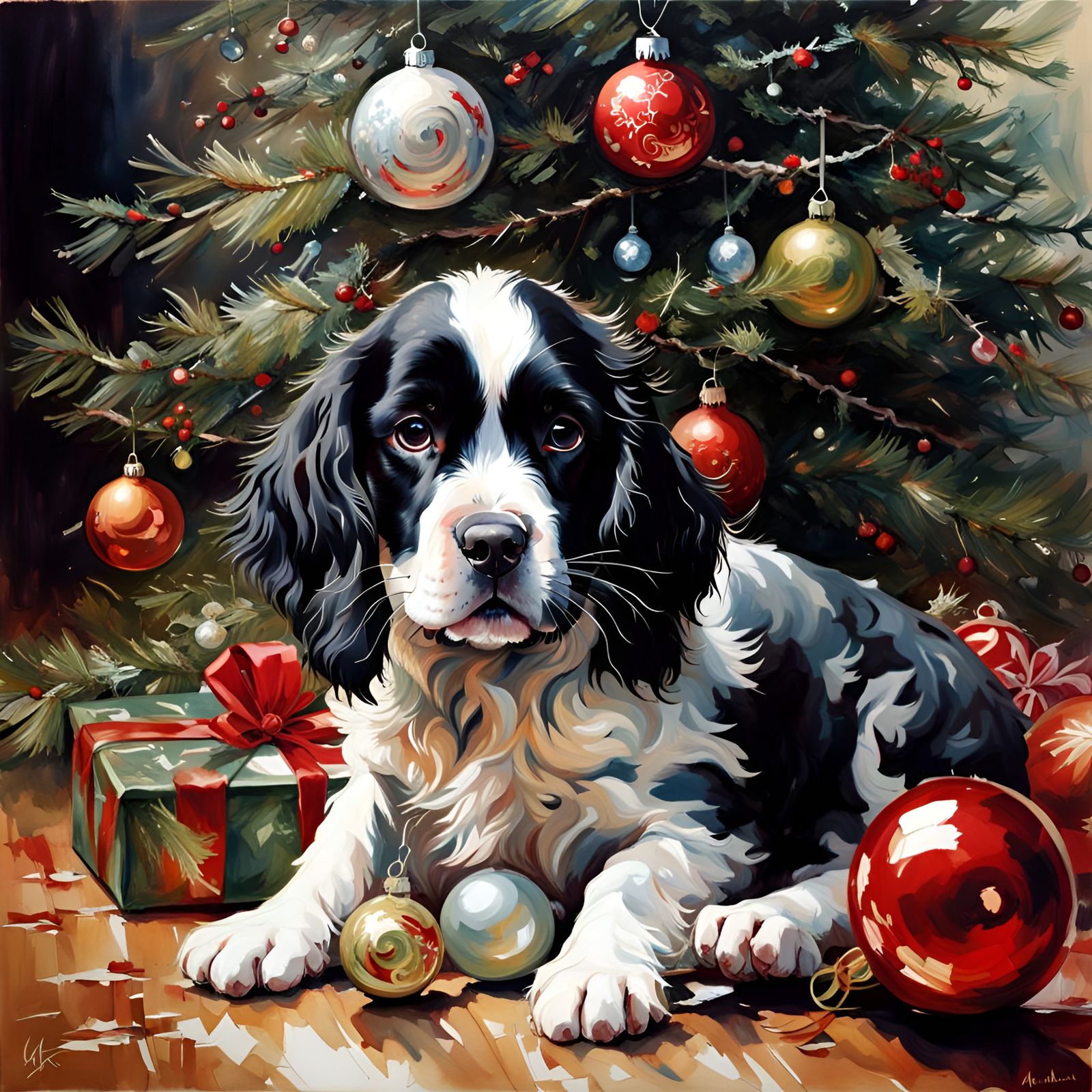 Springer Spaniel Puppy's Christmas Chaos: Detailed Painting