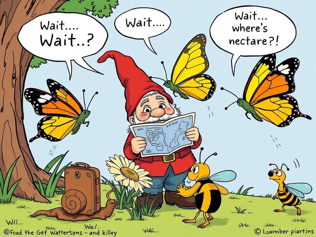 Confused Butterflies and Garden Gnome Comic Illustration
