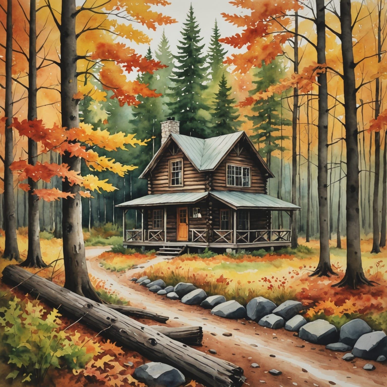 Cabin in Autumn Forest: Watercolor Painting