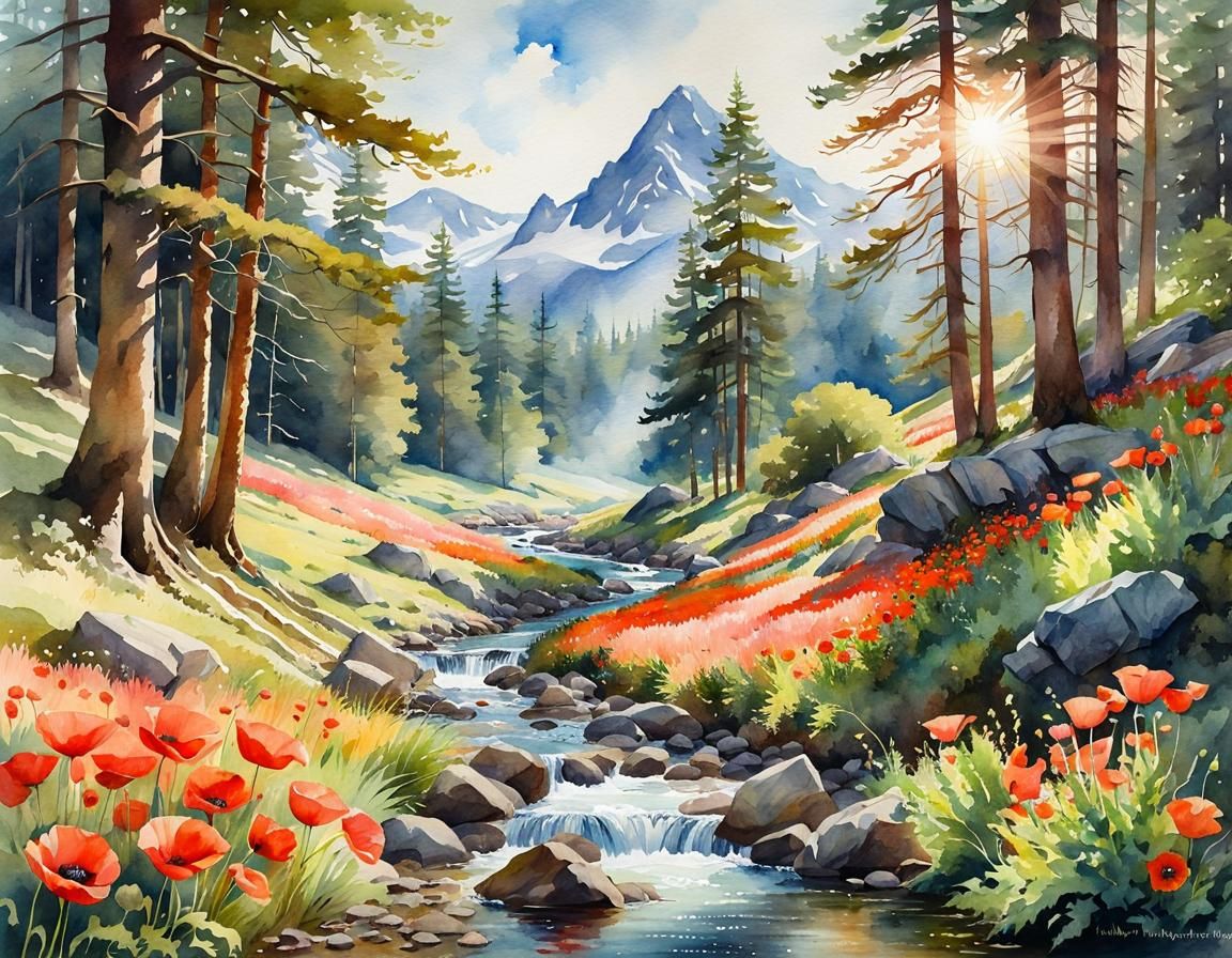 Magical Forest Landscape in Watercolor Style