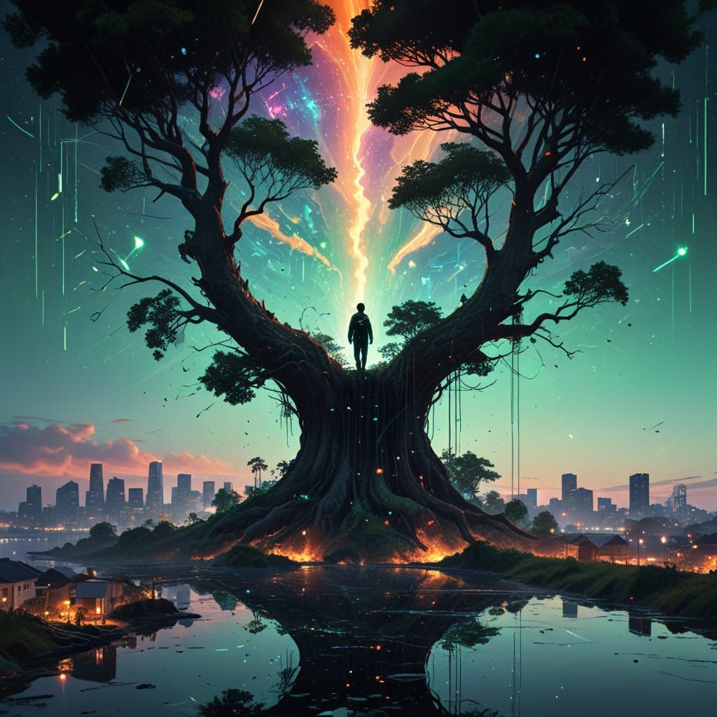 Dramatic Sunset Through Ancient Tree Roots in a Cyberpunk Ci...