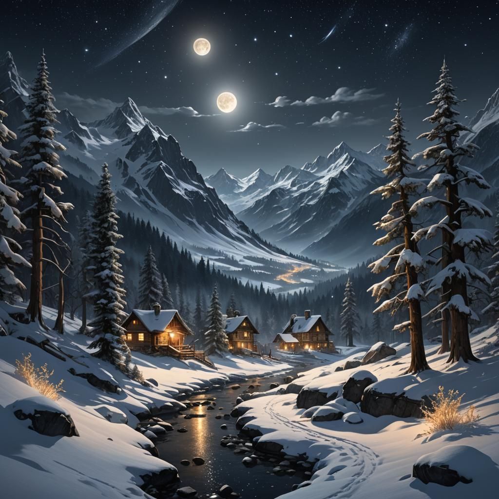 Moonlit Alpine Winter Landscape in Dark Fantasy Style