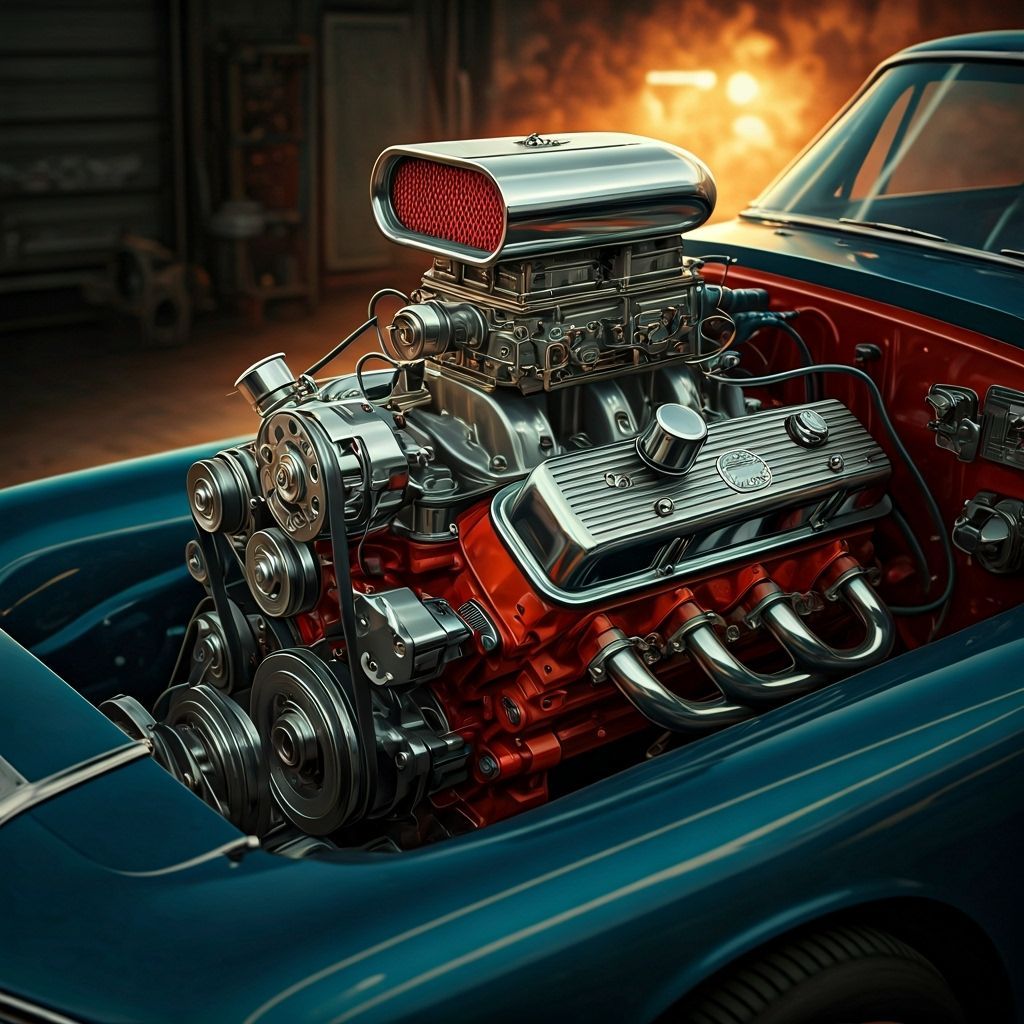 Vintage V8 Engine Hyperrealistic Detail in Smoky Garage