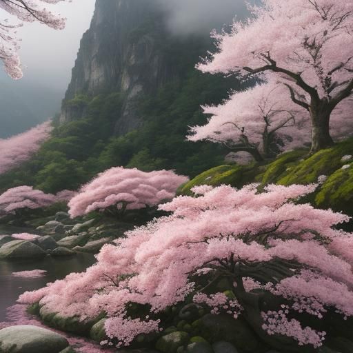 Hyperrealistic Cherry Blossoms in Japanese Landscape