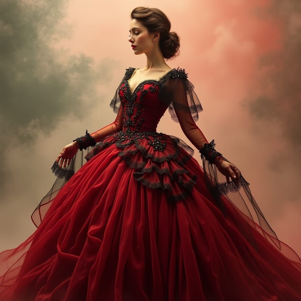 Elegant Woman in Crimson Gown with Soft Focus Smoke