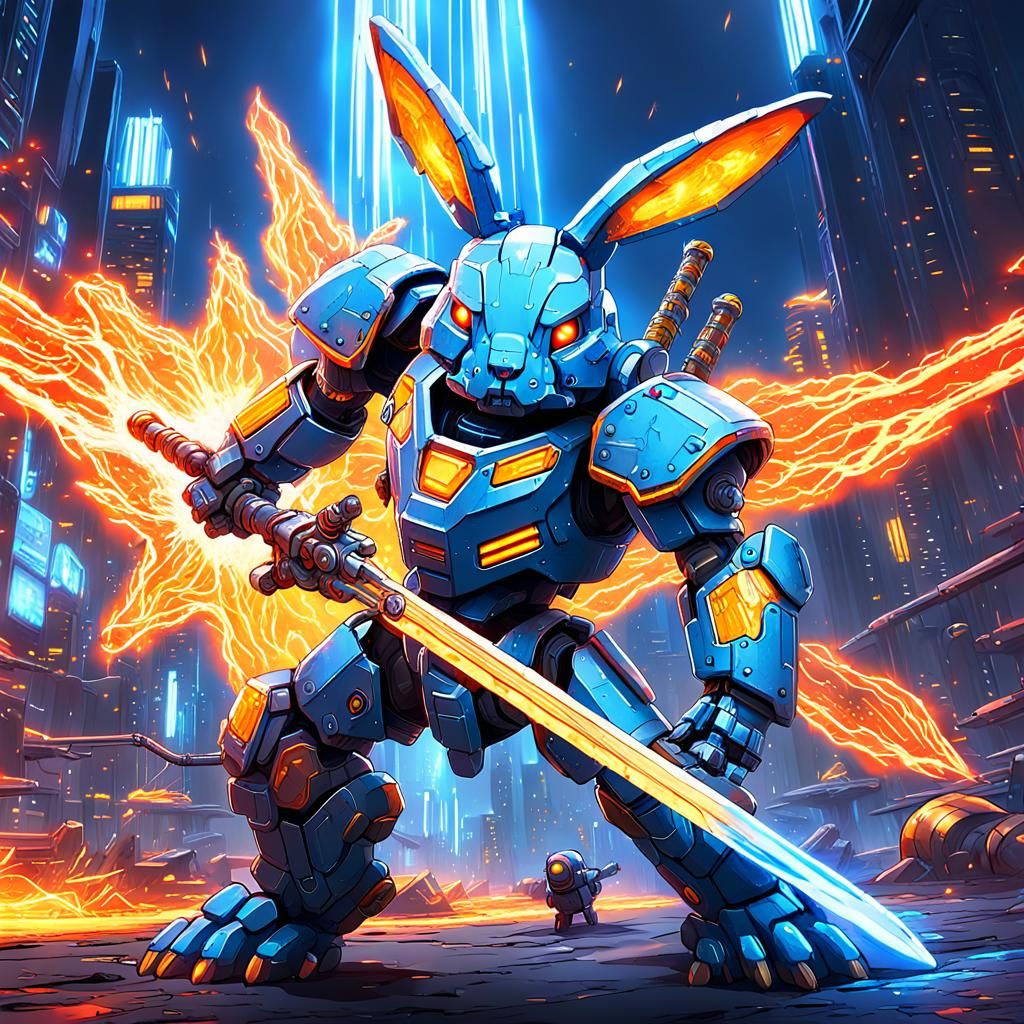 Mecha Rabbit Battles with Sword of Light and Fire