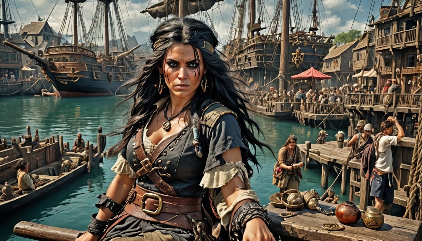 Barbarian Pirate Woman in Bustling Harbor