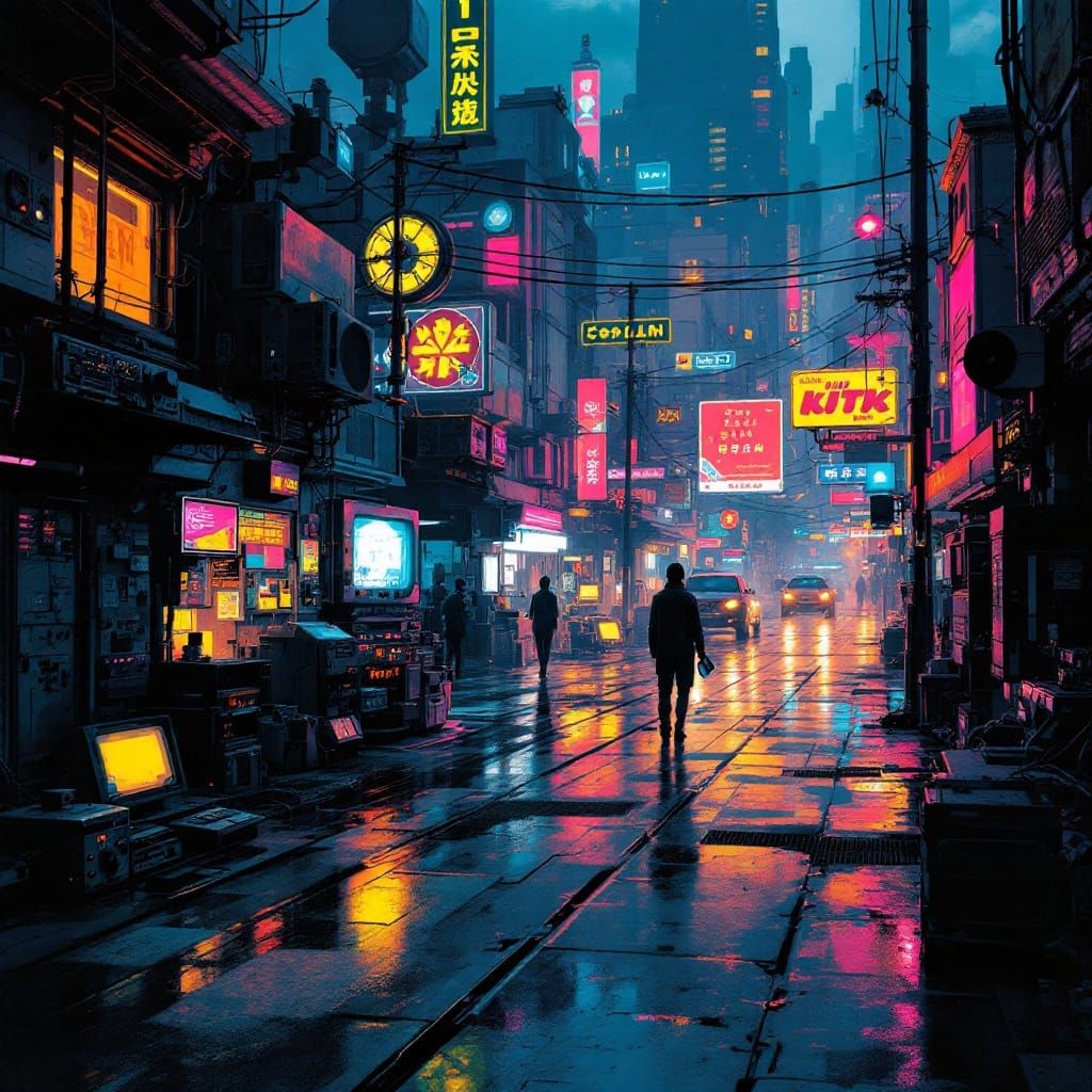 Retro-Futuristic Cityscape at Dusk in Neon Hues