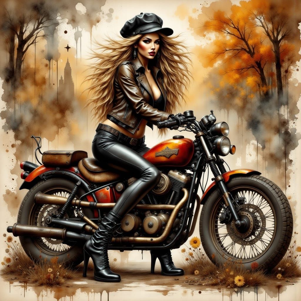 Steampunk Woman Rides Motorcycle in Mixed Media Style