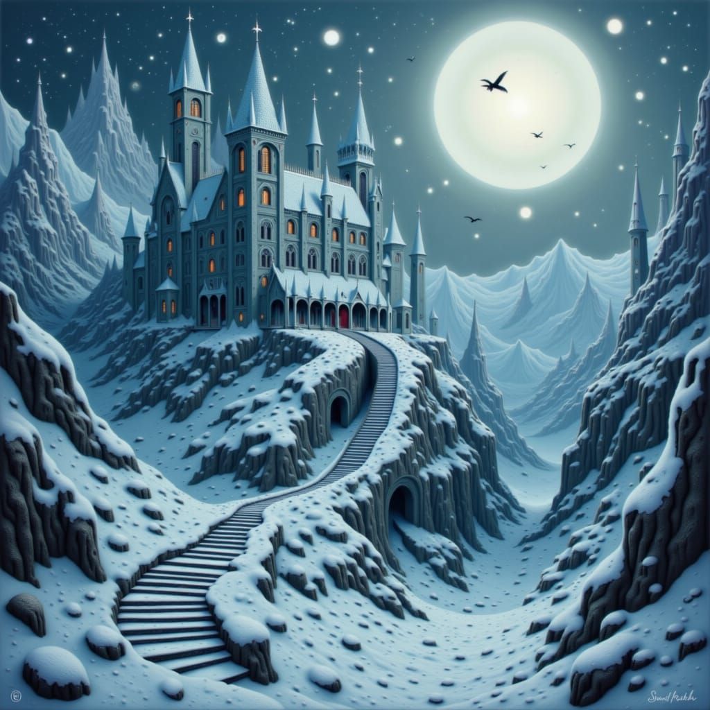 Snow-Encrusted Castle in Winter Landscape, Art Nouveau Style