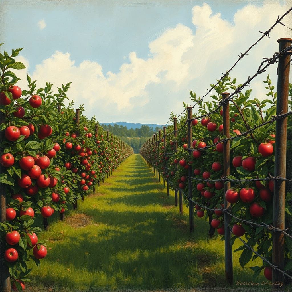 Lush Apple Orchard Trapped by Menacing Barbed Wire Fence
