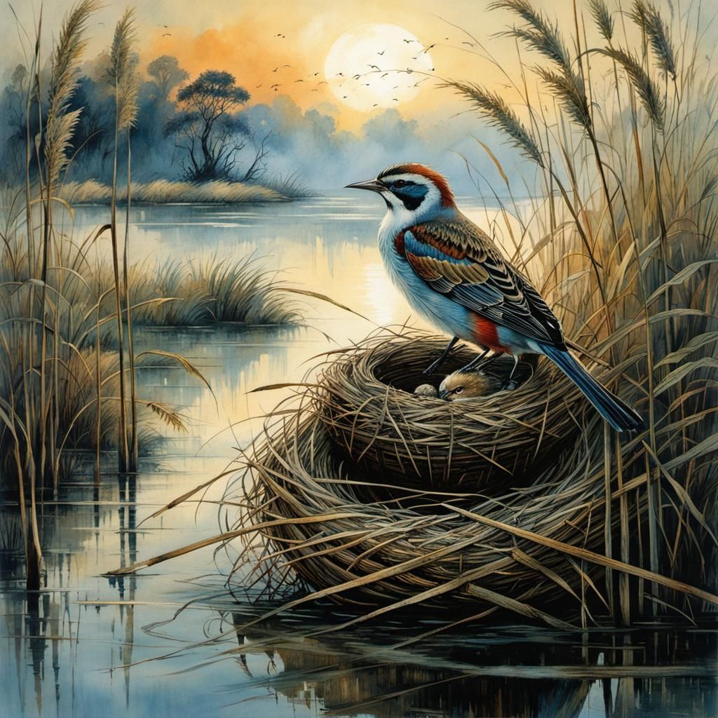 Bird on Nest in Reeds, Fantasy Illustration