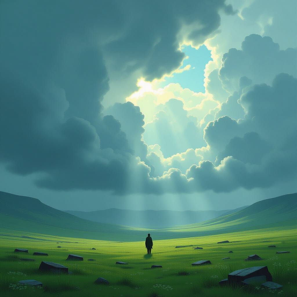 Eerie Green Valley Under Ominous Clouds