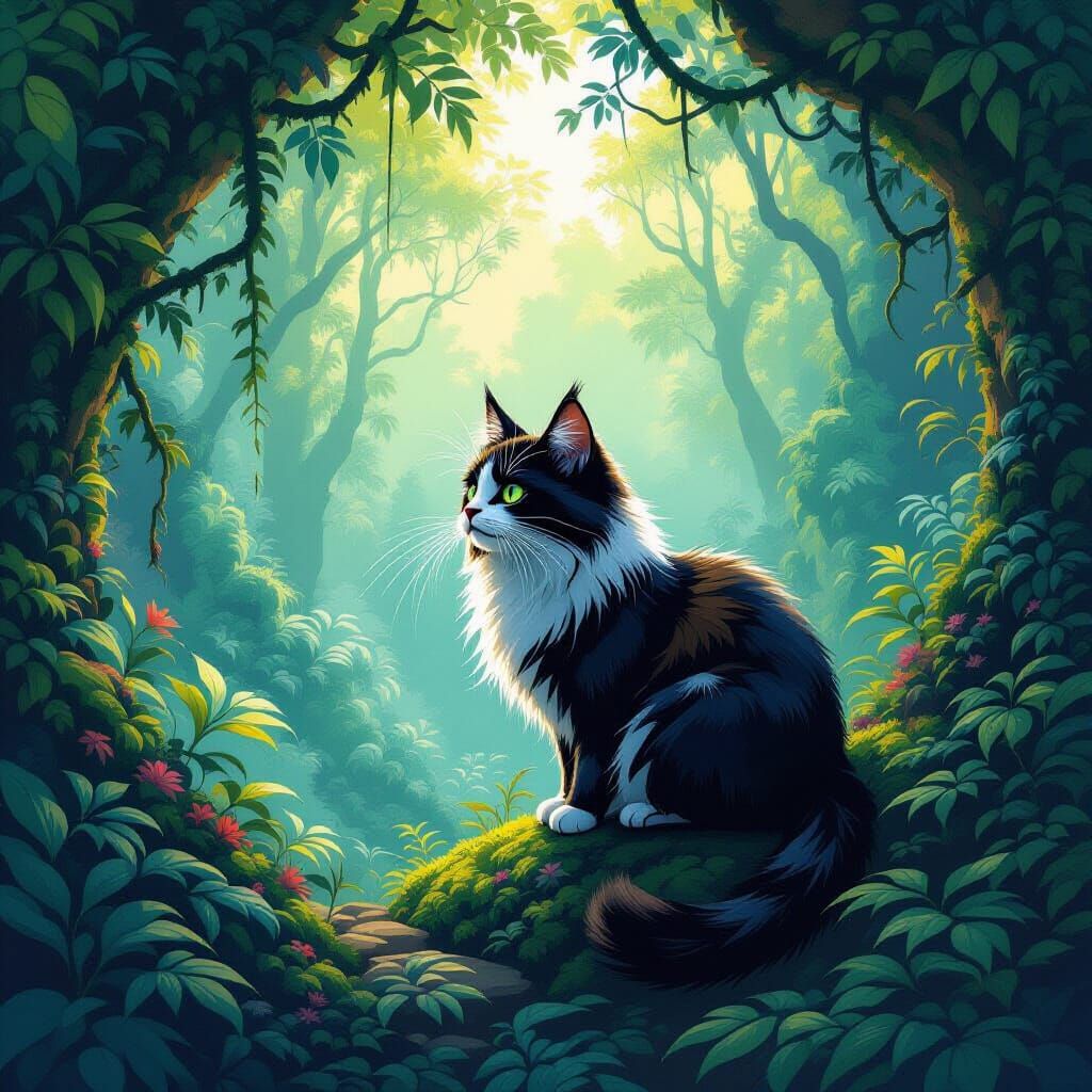 Whiskered Cat's Mystical Journey Through Ancient Forest