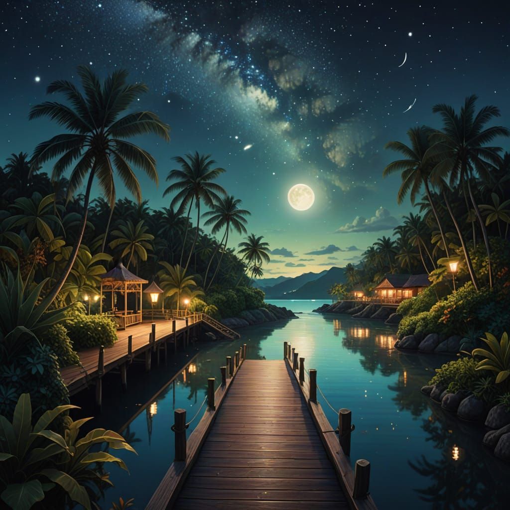 Serene Beach Scene Under Starry Night Sky