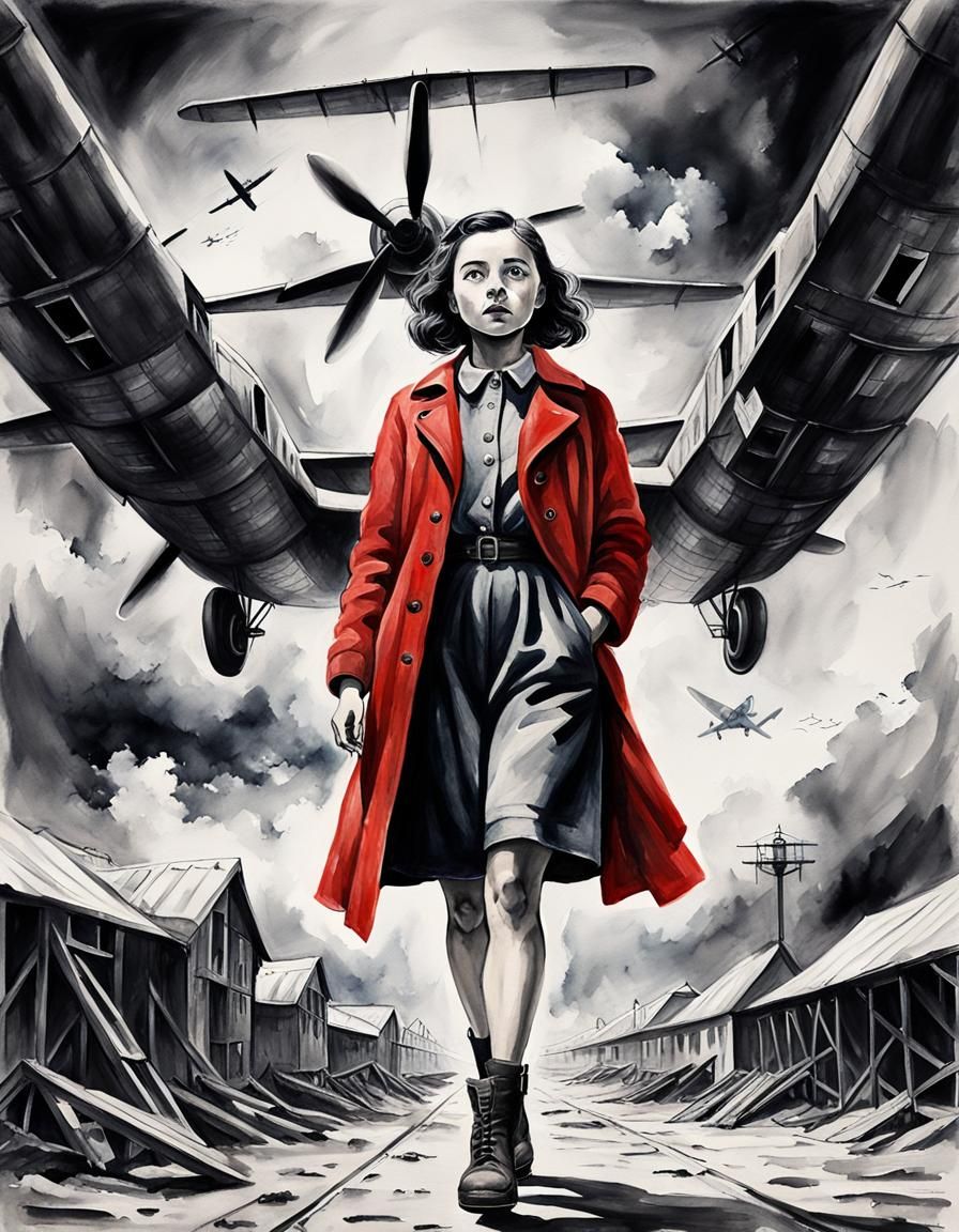 Girl in WWII Camp: Monochrome Watercolor Impressionism