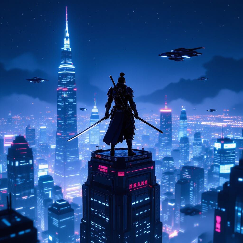 Cyberpunk Samurai Overlooking Futuristic Cityscape