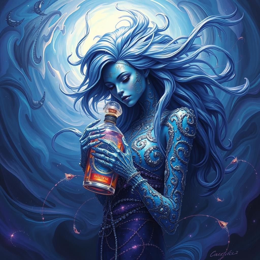 Iridescent Being Cradling Crystal Bottle in Dreamscape