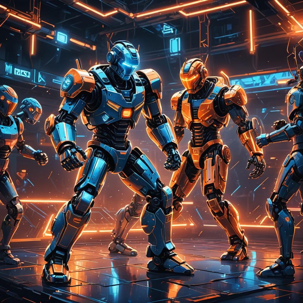 Robot Boxing in a Neon-Lit Cyberpunk Arena