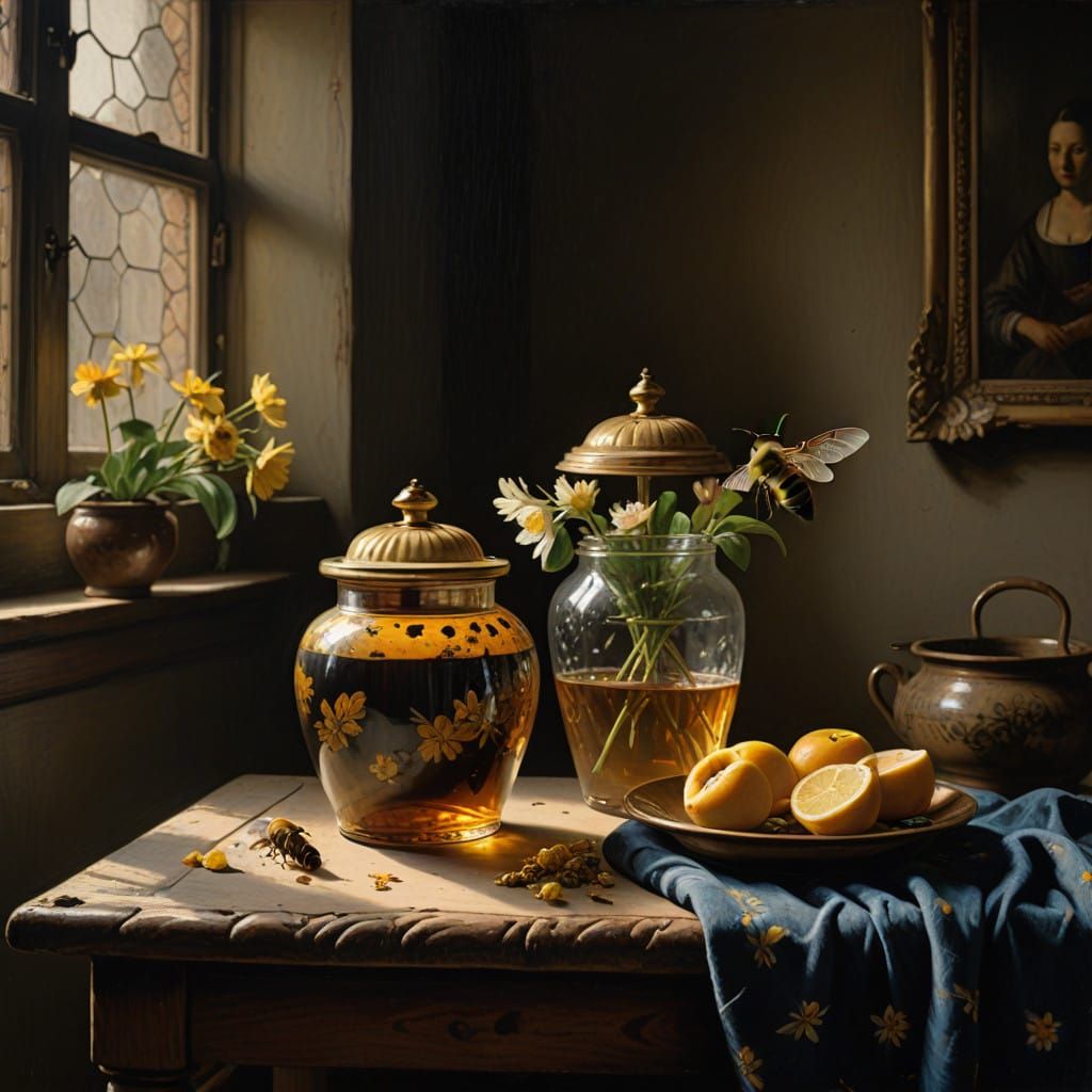 Golden Honey Still Life with Busy Bee in Classic Style