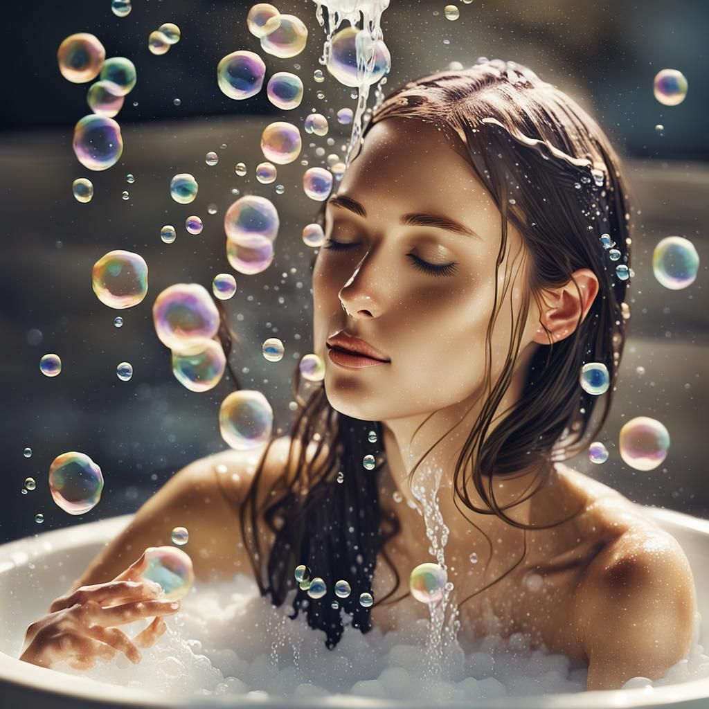 Girl Bathing: Whimsical Digital Art in Pastel Colors