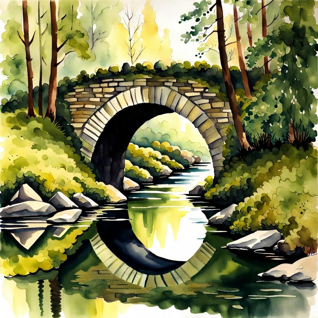 Watercolor Stone Bridge and Reflection Form Circle