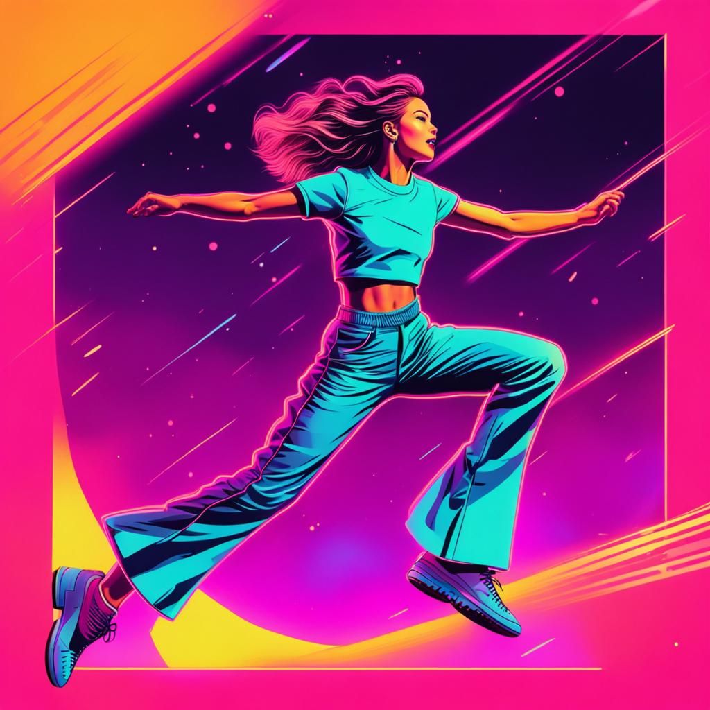 Synthwave Woman Jumps in Neon Retro Style