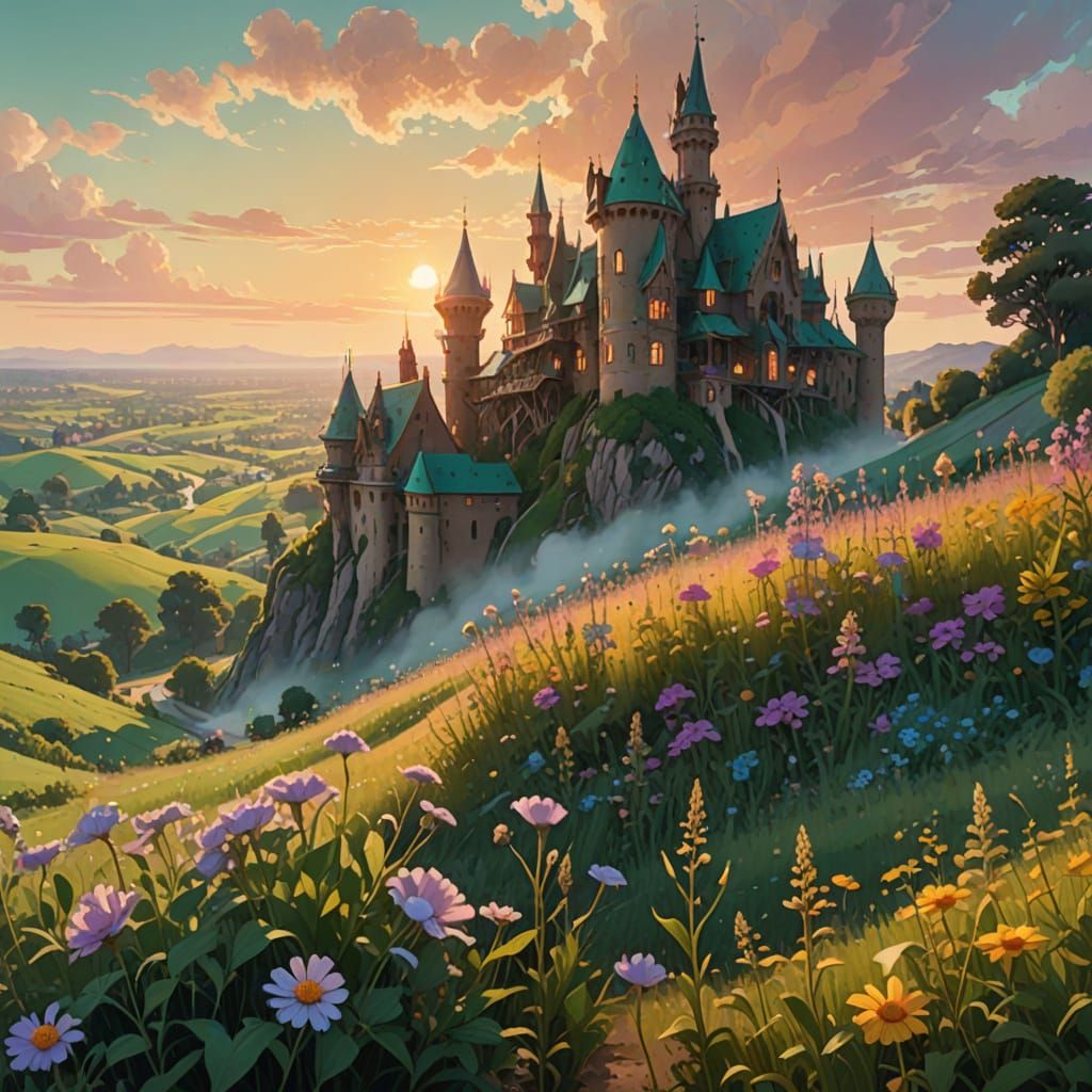Ethereal Steampunk Castle Amidst Whimsical Landscape