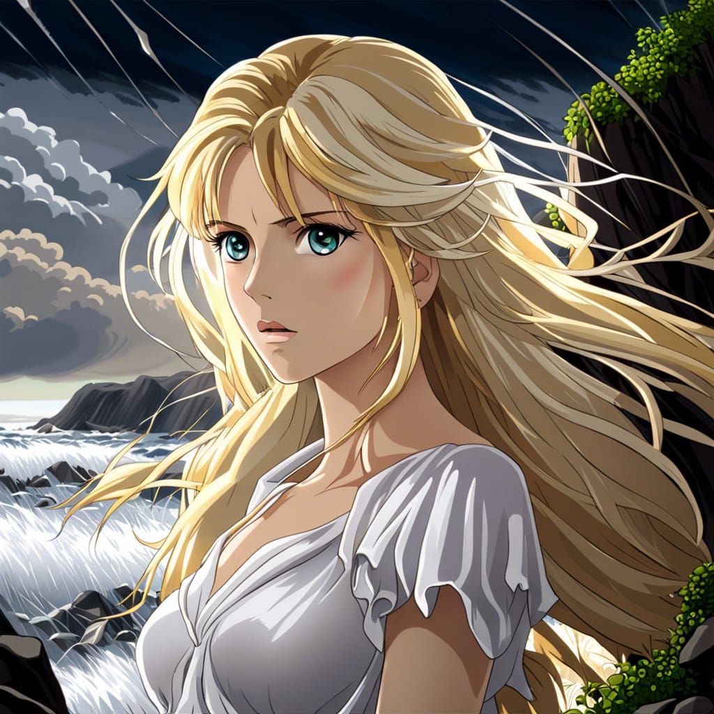 Anime Woman in Storm on Rocky Shoreline